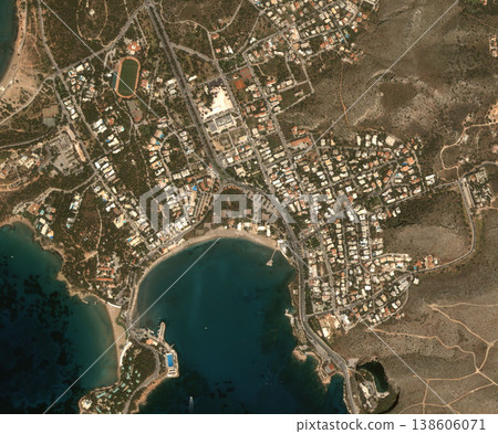 Ocean, buildings and top view of earth map with nature, water and residential landscapes. Globe, land and aerial of sea with field and houses from aerospace satellite for environment development. 138606071