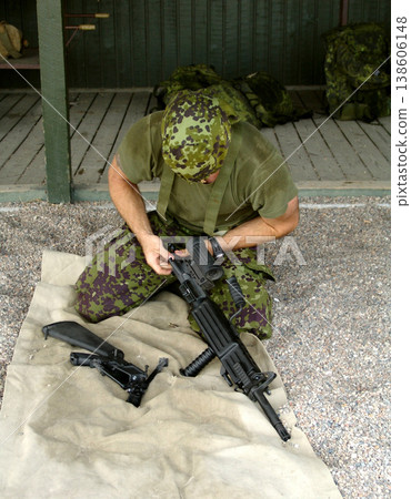 Military, training to assemble a gun with a man soldier outdoor in camouflage uniform for an exercise. Army, blindfold and a trooper person at bootcamp to build a weapon or rifle in record time Military, training to assemble a gun with a man soldier outdoor in camouflage uniform for an exercise. Army, blindfold and a trooper person at bootcamp to build a weapon or rifle in record time 138606148