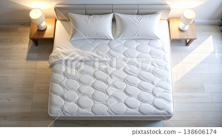 俯視圖，一張簡約的床，配有白色枕頭和乾淨的床單。 138606174