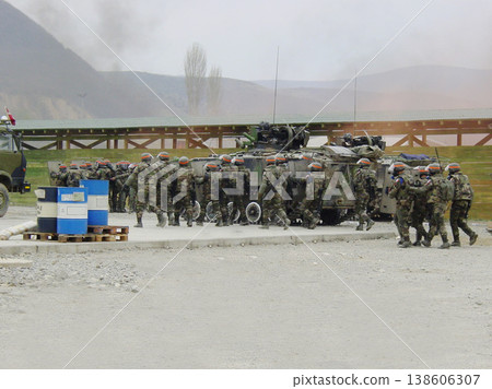 Military, army and soldier team or back together for mission, order or operation on battlefield or outdoor. Teamwork, squad and bootcamp with camouflage, weapons and vehicles or transport for battle Military, army and soldier team or back together for mission, order or operation on battlefield or outdoor. Teamwork, squad and bootcamp with camouflage, weapons and vehicles or transport for battle 138606307