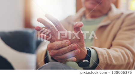 Closeup, hands and senior man with wrist pain, injury and inflammation with bruise, home and broken. Zoom, pensioner and elderly guy on a couch, fingers with ache and arthritis with sprain and strain Closeup, hands and senior man with wrist pain, injury and inflammation with bruise, home and broken. Zoom, pensioner and elderly guy on a couch, fingers with ache and arthritis with sprain and strain 138606376