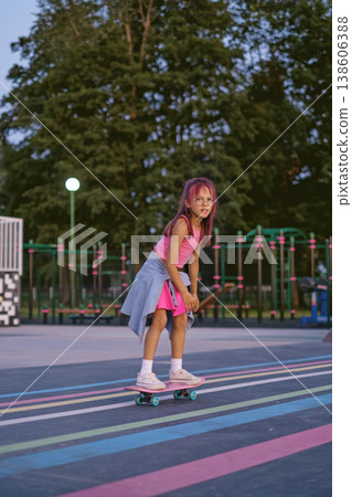 A stylish preschool-age girl skateboards in a skatepark late at night. Extreme sports school for children A stylish preschool-age girl skateboards in a skatepark late at night. Extreme sports school for children 138606388