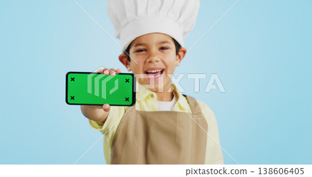 Chef kid, face or phone green screen in studio for social media, cooking tutorial ads or download. Blue background, space or happy child with notification for online marketing, mockup or advertising Chef kid, face or phone green screen in studio for social media, cooking tutorial ads or download. Blue background, space or happy child with notification for online marketing, mockup or advertising 138606405