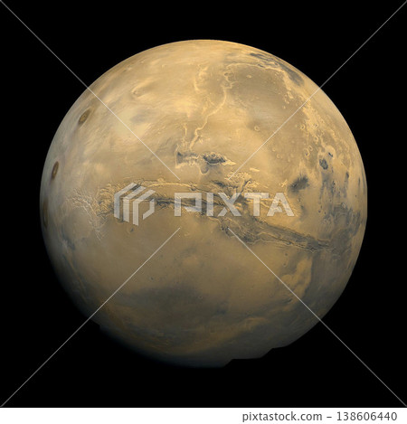 Mars, planet and universe for solar system, nebula or science with mock up space on black background. Canyon, sky and innovation with research, milky way or astrology for exploration and discovery 138606440
