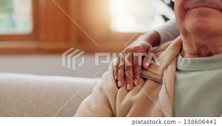 Senior patient, hands on shoulder or consulting a caregiver for support or empathy for healthcare help. Closeup, cancer or elderly person in counselling with calm nurse in nursing home for therapy 138606441