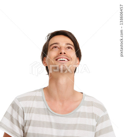 Man, happy and fashion mockup with looking up or sign, casual aesthetic and white background in studio. Handsome model, male and smile in excited for announcement, discount and wow for deal or news Man, happy and fashion mockup with looking up or sign, casual aesthetic and white background in studio. Handsome model, male and smile in excited for announcement, discount and wow for deal or news 138606457
