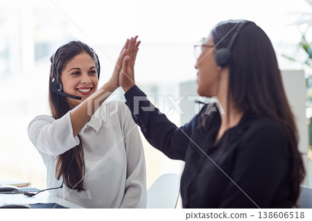 Call center, high five and people for success, business communication goals and target, sales or teamwork. Agency employees, consultant or women hands together for support, well done and achievement Call center, high five and people for success, business communication goals and target, sales or teamwork. Agency employees, consultant or women hands together for support, well done and achievement 138606518