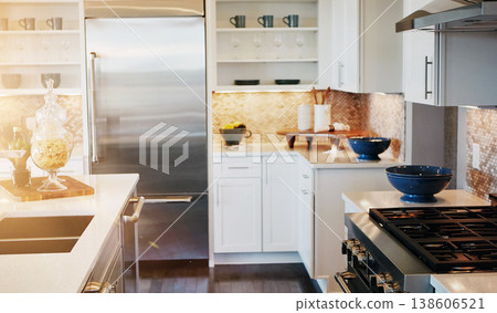 Home, kitchen and cupboard in modern design, bright and decor in lens flare, apartment and house interior. Real estate, furniture and residential with stylish appliances, empty and spacious room Home, kitchen and cupboard in modern design, bright and decor in lens flare, apartment and house interior. Real estate, furniture and residential with stylish appliances, empty and spacious room 138606521