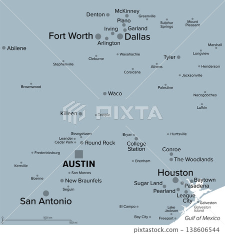 Texas Triangle Megaregion, United States, gray political map. Texas five largest cities and metros Houston, San Antonio, Dallas, Fort Worth and capital Austin forming a triangle shaped cluster. Vector Texas Triangle Megaregion, United States, gray political map. Texas five largest cities and metros Houston, San Antonio, Dallas, Fort Worth and capital Austin forming a triangle shaped cluster. Vector 138606544
