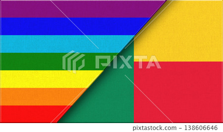 Flags of LGBT and Benin. LGBT and Beninese National flags on Fabric Texture. Flags of LGBT and Benin. LGBT and Beninese National flags on Fabric Texture. 138606646