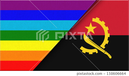 Flags of LGBT and Angola. LGBT and Angolan National flags on Fabric Texture Flags of LGBT and Angola. LGBT and Angolan National flags on Fabric Texture 138606664