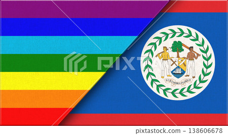 Flags of LGBT and Belize. LGBT and Belizean National flags on Fabric Texture Flags of LGBT and Belize. LGBT and Belizean National flags on Fabric Texture 138606678