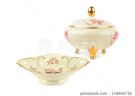 Vintage porcelain sugar bowl and decorative candy dish set. Vintage porcelain sugar bowl and decorative candy dish set. 138606736