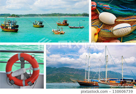 Nautical collage with fishing boats, colorful nets, and a classic sailboat. Nautical collage with fishing boats, colorful nets, and a classic sailboat. 138606739