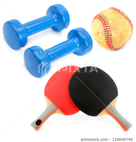 Sports equipment collection with dumbbells, softball, and table tennis paddles. Sports equipment collection with dumbbells, softball, and table tennis paddles. 138606740