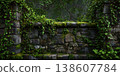 RainSoaked Stone Wall Lush Greenery  Mystical Ambiance 138607784