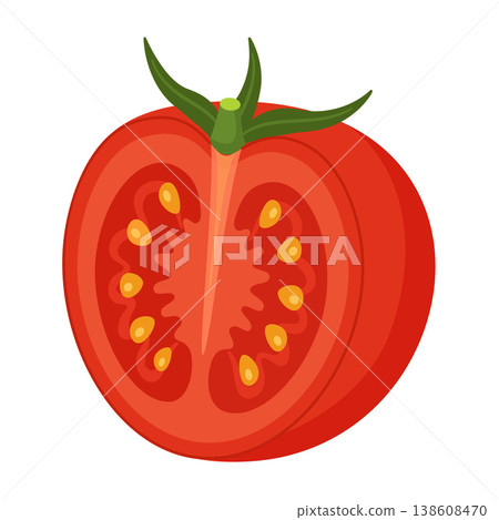 Red ripe tomato half. Hand drawn trendy flat style isolated on transparent background Red ripe tomato half. Hand drawn trendy flat style isolated on transparent background 138608470