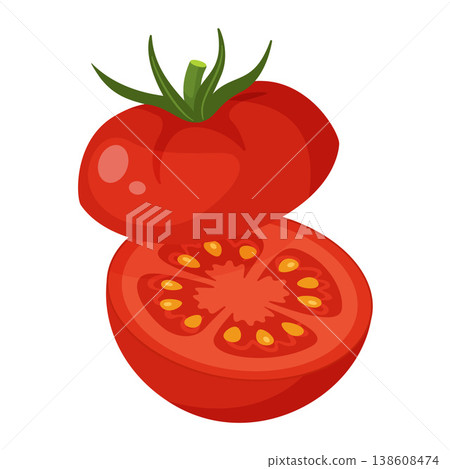 Ripe red tomato sliced in half. Hand drawn trendy flat style isolated on transparent 138608474