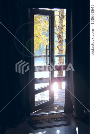Room ventilation. View of nature from the door. Open door from room to street Room ventilation. View of nature from the door. Open door from room to street 138608645