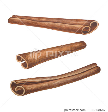 Watercolor illustration of three aromatic cinnamon sticks isolated on a white background. Botanical clipart for bakery menus, Christmas and autumn designs, spice packaging, coffee shop branding Watercolor illustration of three aromatic cinnamon sticks isolated on a white background. Botanical clipart for bakery menus, Christmas and autumn designs, spice packaging, coffee shop branding 138608687
