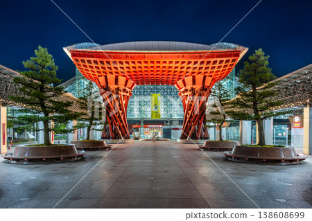 Kanazawa Station's iconic Tsuzumi Gate and Hospitality Dome illuminated at night. Kanazawa Station's iconic Tsuzumi Gate and Hospitality Dome illuminated at night. 138608699