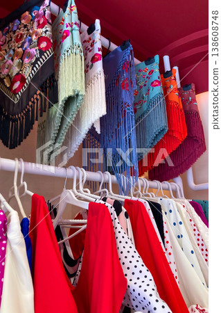 An authentic carnival dress shop showcases vibrant costumes and detailed festive outfits creating a colorful celebratory atmosphere in Malaga, Spain 138608748