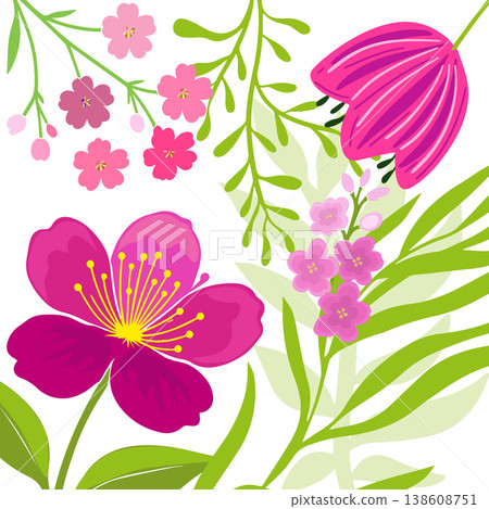 Pattern with spring pink flowers. Hand drawn. Not AI, vector illustration. Pattern with spring pink flowers. Hand drawn. Not AI, vector illustration. 138608751