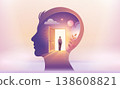 Mental health recovery concept person walking toward light inside head symbolizing healing 138608821