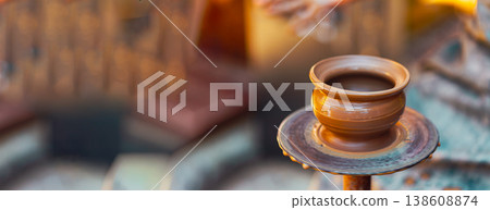 Close up view of an empty clay pot standing on a potter's wheel. Close up view of an empty clay pot standing on a potter's wheel. 138608874
