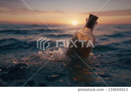 Vintage bottle with message cast into turbulent sunset sea with waves Vintage bottle with message cast into turbulent sunset sea with waves 138608923