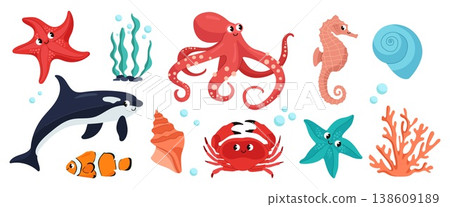 Cute cartoon sea animals set with whale octopus crab starfish and shells for kids design 138609189