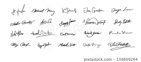 Handwritten Signature Collection Set Autograph Names Cursive Calligraphy Black Ink Vector Illustration Handwritten Signature Collection Set Autograph Names Cursive Calligraphy Black Ink Vector Illustration 138609264