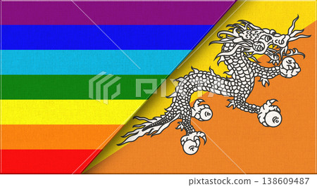 Flags of LGBT and Bhutan. LGBT and Bhutanese National flags on Fabric Texture Flags of LGBT and Bhutan. LGBT and Bhutanese National flags on Fabric Texture 138609487