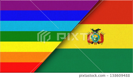 Flags of LGBT and Bolivia. LGBT and Bolivian National flags on Fabric Texture. Flags of LGBT and Bolivia. LGBT and Bolivian National flags on Fabric Texture. 138609488