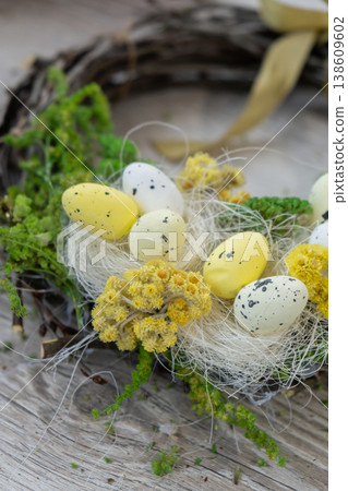 DIY process of woman making candid Easter wreath arrangement decor. Small business, self employed entrepreneur, self-made career. Series of handmade craft instruction. Zero waste eco-friendly DIY process of woman making candid Easter wreath arrangement decor. Small business, self employed entrepreneur, self-made career. Series of handmade craft instruction. Zero waste eco-friendly 138609602
