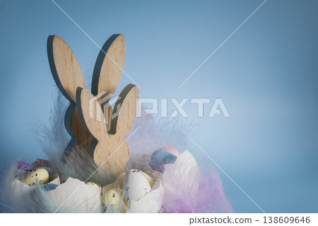 Easter holiday decoration from sustainable materials egg shell wooden bunnies eggs decor. Copy space Diy do it yourself Gift present idea. Zero waste Crafting preparation Easter holiday decoration from sustainable materials egg shell wooden bunnies eggs decor. Copy space Diy do it yourself Gift present idea. Zero waste Crafting preparation 138609646