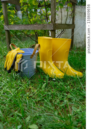 Yellow garden boots with bucket and gardening shovel on green grass outdoor background. Copy space. Garden tools in rural cottagecore lifestyle countryside living organic sustainable Yellow garden boots with bucket and gardening shovel on green grass outdoor background. Copy space. Garden tools in rural cottagecore lifestyle countryside living organic sustainable 138609656