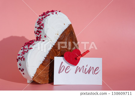 BE MINE saying Valentine's Day paper note card Heart shaped white chocolate croissant on pink background with copy space. Puff pastry new trendy sweet dessert bakery. Creamy dough 138609711