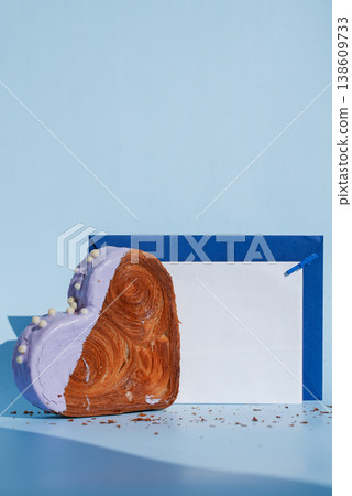 Sample template mockup greeting card Delicious fresh croissant topped with colorful flavor Ganache. Creation unique heart shape bakery. Puff pastry holiday love gift present idea Valentine's day 138609733