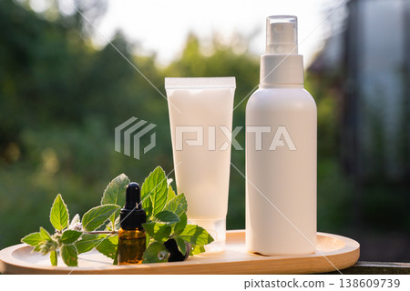 Natural repellent spray and cream mock up with essential oil mint disease prevention. Protection against mosquito bite during summertime. Safety Anti Mosquito skin treatment 138609739