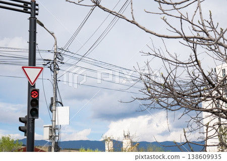 Red arrow traffic light against a cloudy sky with dense electrical wires and urban infrastructure Red arrow traffic light against a cloudy sky with dense electrical wires and urban infrastructure 138609935