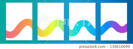 Set of four minimalist vertical posters with colorful gradient waves. Abstract blank templates with orange, green, blue and purple flowing lines. Modern backdrop for branding and social media Set of four minimalist vertical posters with colorful gradient waves. Abstract blank templates with orange, green, blue and purple flowing lines. Modern backdrop for branding and social media 138610099