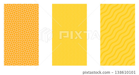 Summer abstract vertical backgrounds set. Yellow and orange geometric patterns with wavy lines and concentric circles. Minimalist vertical posters for summer seasonal social media stories and branding 138610101