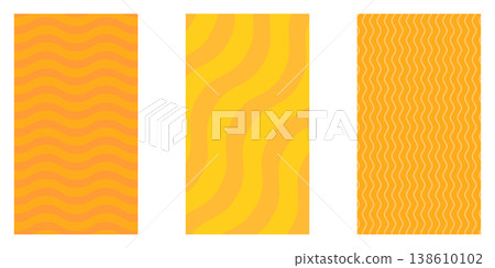 Summer abstract vertical backgrounds set. Yellow and orange geometric patterns with wavy lines and concentric circles. Minimalist vertical posters for summer seasonal social media stories and branding 138610102