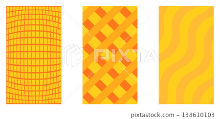 Summer abstract vertical backgrounds set. Yellow and orange geometric patterns with wavy lines and concentric circles. Minimalist vertical posters for summer seasonal social media stories and branding Summer abstract vertical backgrounds set. Yellow and orange geometric patterns with wavy lines and concentric circles. Minimalist vertical posters for summer seasonal social media stories and branding 138610103