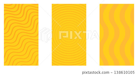Summer abstract vertical backgrounds set. Yellow and orange geometric patterns with wavy lines and concentric circles. Minimalist vertical posters for summer seasonal social media stories and branding Summer abstract vertical backgrounds set. Yellow and orange geometric patterns with wavy lines and concentric circles. Minimalist vertical posters for summer seasonal social media stories and branding 138610105