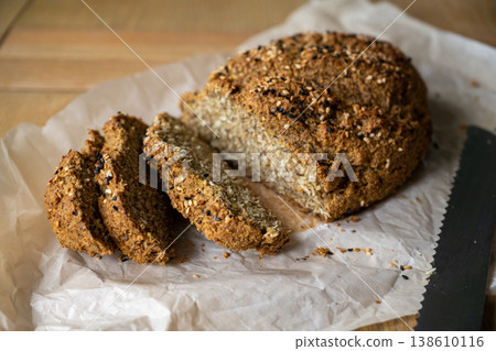 Homemade soda bread with flax seeds flour, keto diet. 138610116