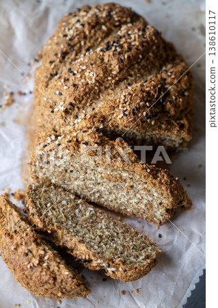 Homemade soda bread with flax seeds flour, keto diet. 138610117