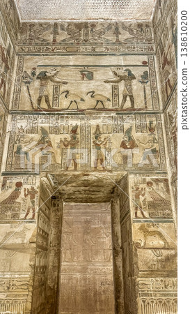 Beautiful wall paintings and bas-reliefs inside the ancient temple complex of Dendera, Qena, Egypt Beautiful wall paintings and bas-reliefs inside the ancient temple complex of Dendera, Qena, Egypt 138610200