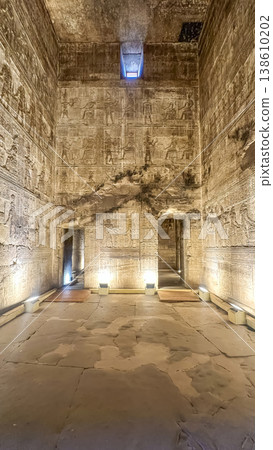 Beautiful wall paintings and bas-reliefs inside the ancient temple complex of Dendera, Qena, Egypt Beautiful wall paintings and bas-reliefs inside the ancient temple complex of Dendera, Qena, Egypt 138610202